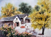 Farm, akvarell - kinesisk målning