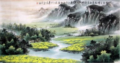 Paysage avec village - Peinture chinoise