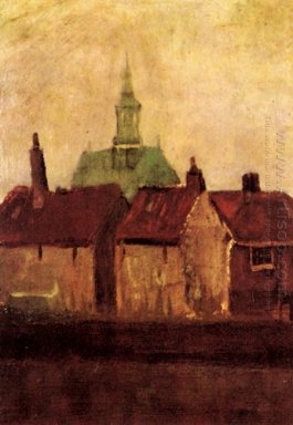 Kluster av gamla hus med den nya kyrkan i Haag 1882