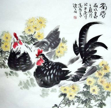 Crisântemo & Chicken - Pintura Chines