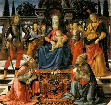 Мадонна с младенцем на троне с четырьмя ангелами Архангелы Mich