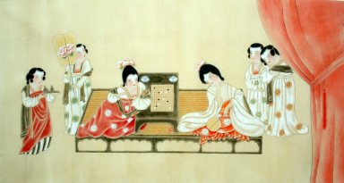 Beautiful lady, Playing chess - Chinese Painting