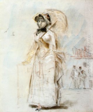 Mujer joven que toma un paseo con un paraguas abierto 1880