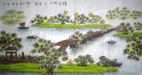 River, Bridge, Boats - Chinese Painting