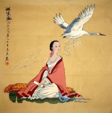 Witte kraan,meisje baihe - Chinees schilderij