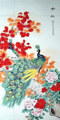 Peacock & Leaves Red & Peony - Peinture chinoise