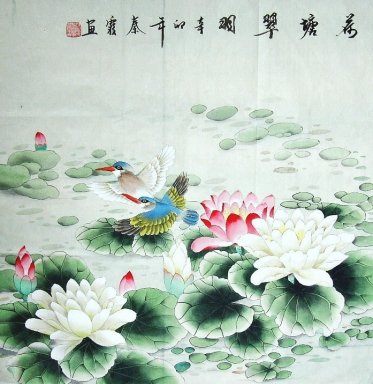 Lotus et oiseaux - peinture chinoise