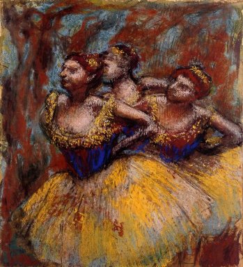 três dançarinos saias amarelas blusas azuis