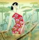 Schöne Dame, Boot - Chinesische Malerei