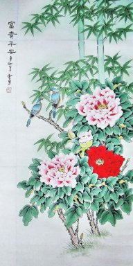 Peony & Bamboo & Birds - Pittura cinese