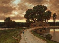 Figure on the road and farmhouse at sunset