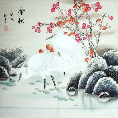 Кран & Красные листья - китайской живописи