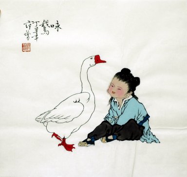 Enfants, Goose - Peinture chinoise