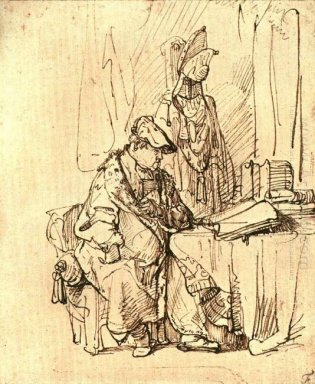 Ein Mann, sitzend an einem Tisch bedeckt mit Bücher 1636