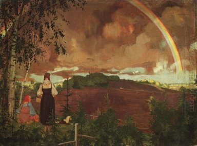 Landschaft mit zwei Bauernmädchen und ein Regenbogen