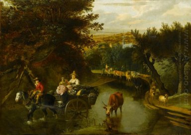 A Wooded Landscape with Peasants in a Horse-Drawn Cart Travellin
