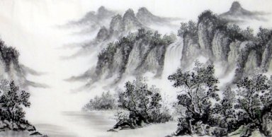 Paysage avec chute d\'eau - peinture chinoise