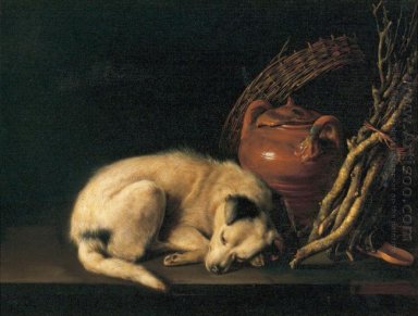 Een Slapende Hond met Terracotta Pot.