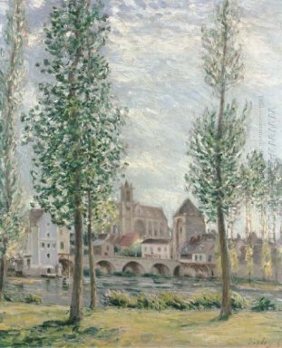 vista de Moret-sur-Loing a través de los árboles 1892