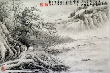 Arbres, maison - Peinture chinoise