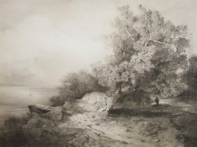 alte Eiche auf der Klippe über dem Fluss 1857