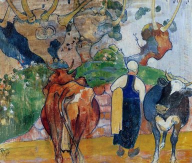 paysanne et des vaches dans un paysage 1890