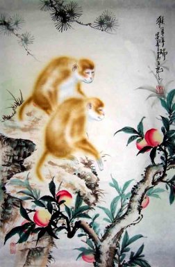 Aap & Perzik - Chinees schilderij