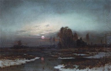 höst landskap med en sumpig flod i månskenet 1871