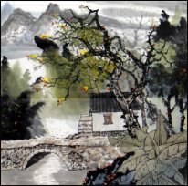 Gebäude, Bäume, Fluss-chinesische Malerei