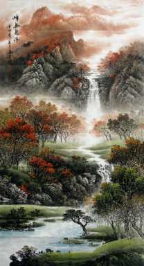 Montanhas, cachoeira, árvores - pintura chinesa