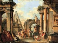A capriccio of classical ruins with Diogenes throwing away his c