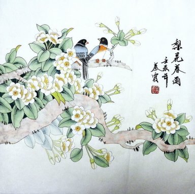 Pear & Birds - Peinture chinoise