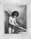 Meia figura de um homem no ato de pendurar um quadro por Guercin
