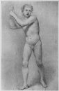 Estudio desnudo de un hombre caminando con piedra de la honda