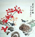 Birds & feuilles rouges - peinture chinoise