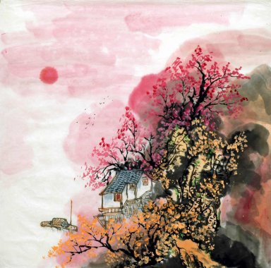 Les arbres, les bâtiments - Peinture chinoise