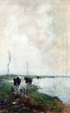 Una vaca de pie al borde del agua en un pólder