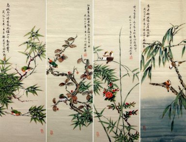 Oiseaux et fleurs (quatre écrans) - peinture chinoise
