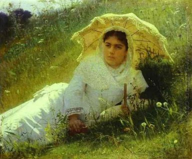 Kvinna med ett paraply i gräset Midday 1883