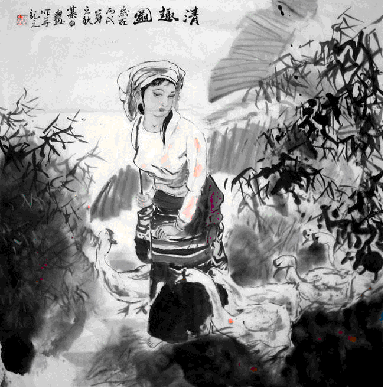 Kvinnan bakom bambu - kinesisk målning