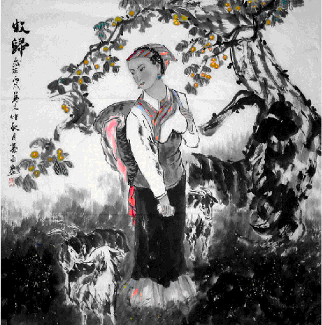 Land flicka - kinesisk målning