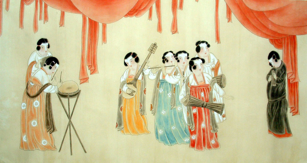 Beautiful lady, Playing music - Chinese Painting