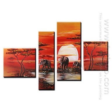 Hand-painted Oil Painting Animal Oversized Wide - Set of 4
