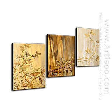 Hand Painted Oil Painting Floral Golden leaves - Set of 3 1211-F