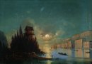 Вид приморского города вечером с маяком 1870