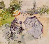 Dame mit Sonnenschirm sitzt in einem Park