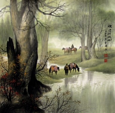 Árvores, cavalos - Pintura chinesa