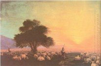 Rebaño de ovejas con los pastores Desarmado 1870