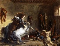 Cavalos Árabes Unidos lutando em um Stable 1860