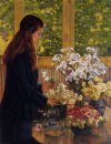 Ung flicka med en vas med blommor